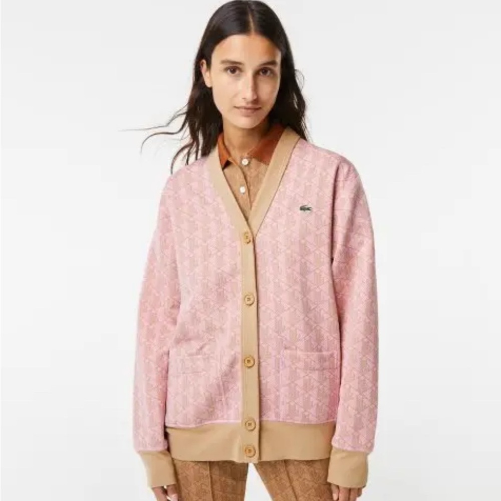 Lacoste Pink and Beige Button-Up Cardigan